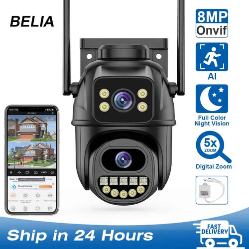 4K 8MP Wifi Surveillance Camera, Dual Lens, 4X Digital Zoom, AI Human Detect, ONVIF, Outdoor Security PTZ IP Cameras