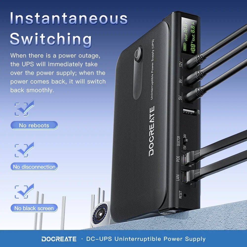 36W DC1036L UPS Uninterruptible Power Supply 5V-24V Output 18650 Replaceable Battery for Router NAS Modem & Network Equipment