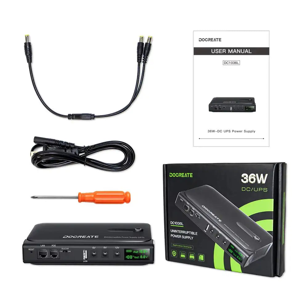 36W DC1036L UPS Uninterruptible Power Supply 5V-24V Output 18650 Replaceable Battery for Router NAS Modem & Network Equipment