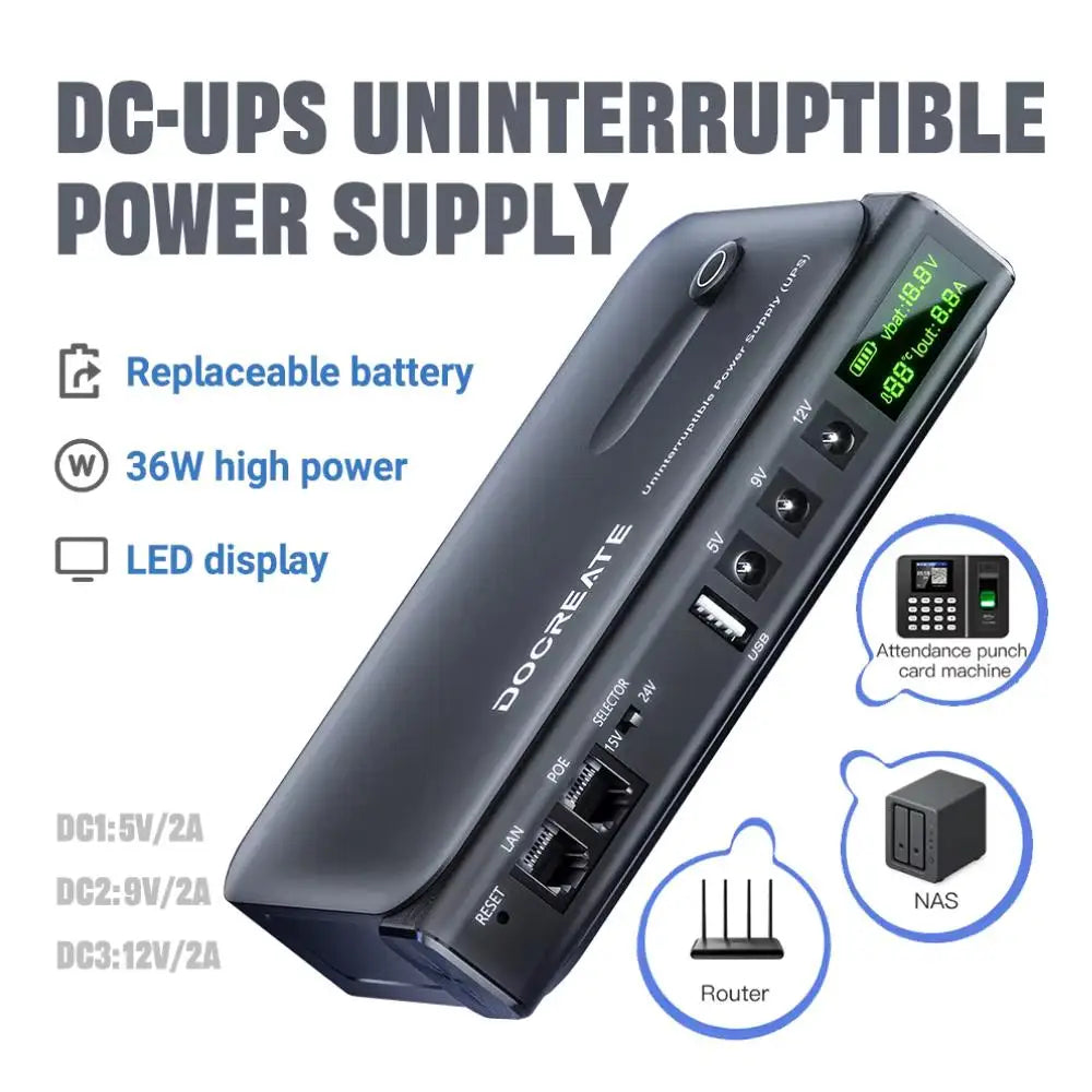 36W DC1036L UPS Uninterruptible Power Supply 5V-24V Output 18650 Replaceable Battery for Router NAS Modem & Network Equipment