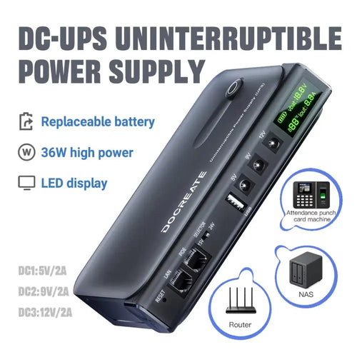 36W DC1036L UPS Uninterruptible Power Supply 5V-24V Output 18650 Replaceable Battery for Router NAS Modem & Network Equipment